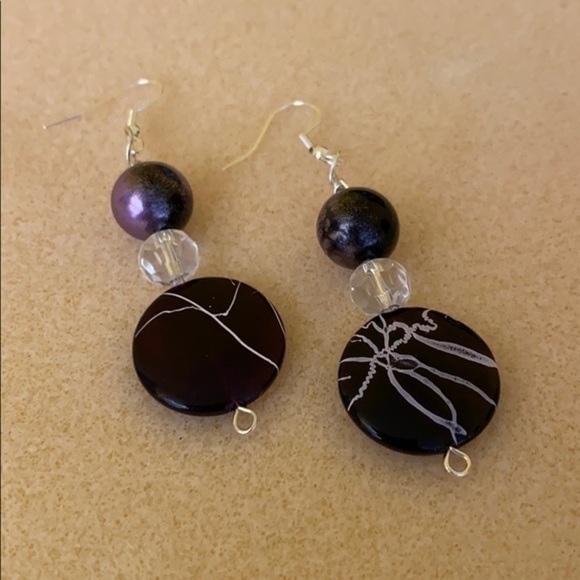 Handmade Purple and white ball drop .925 fish hook earrings - Picture 3 of 5